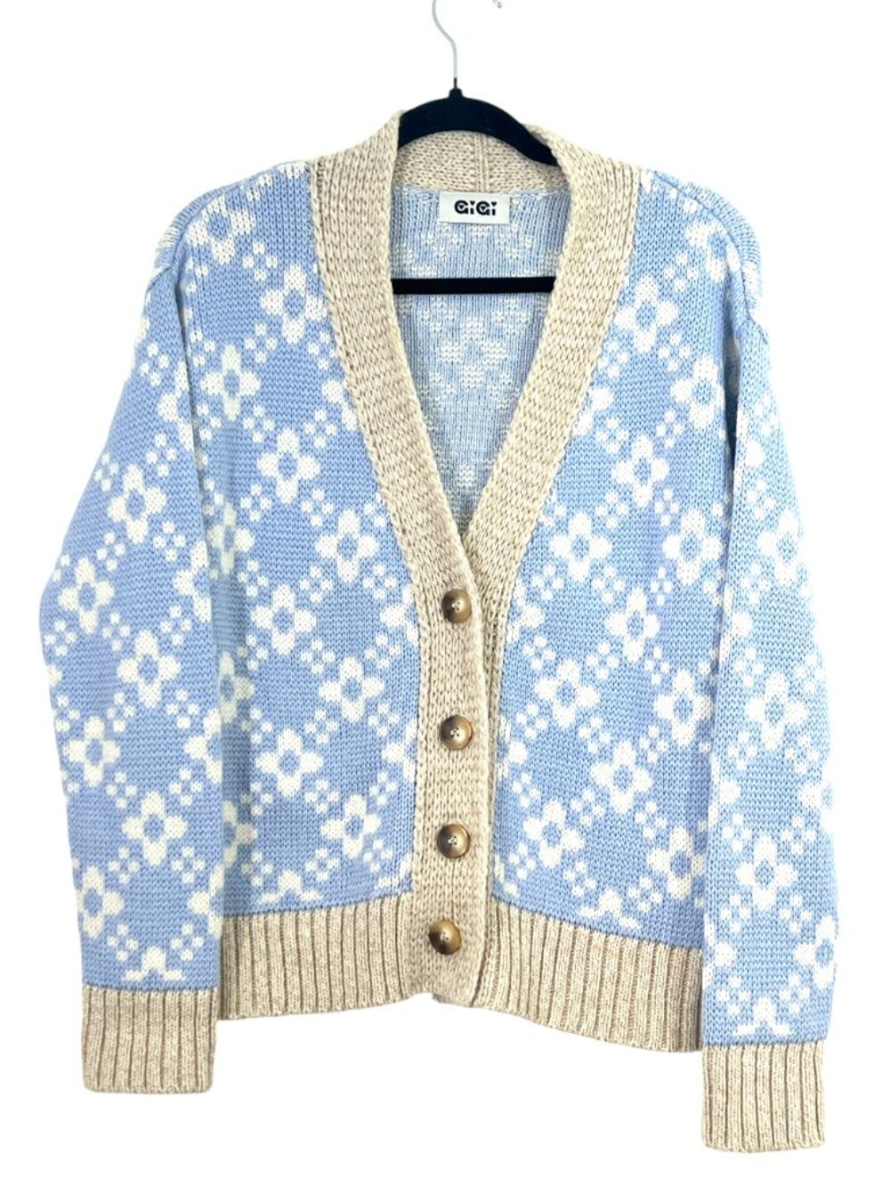 Gigi Knitwear Flower Chain Floral Cardigan Sweater Blue Size Small Pre-Loved